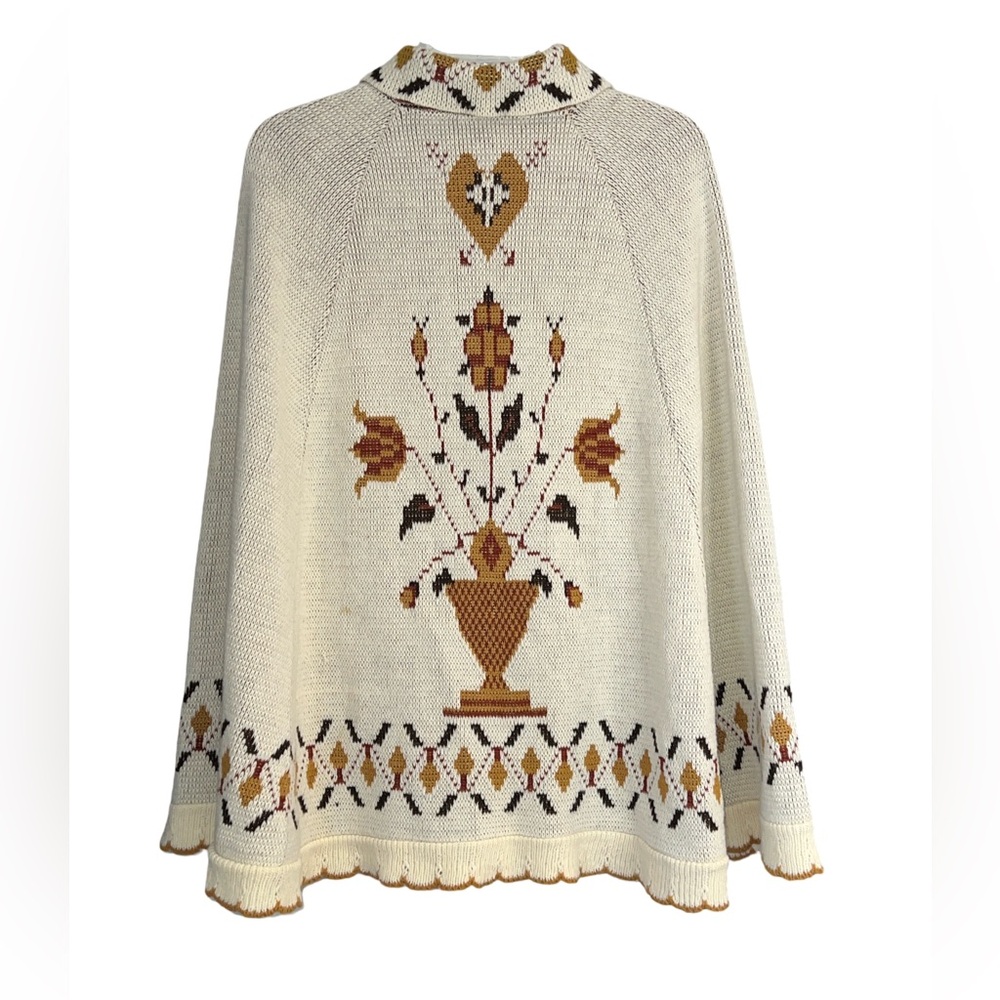 vintage knit poncho cape 60s 70s Pennsylvania Dutch Floral Heart cream one size